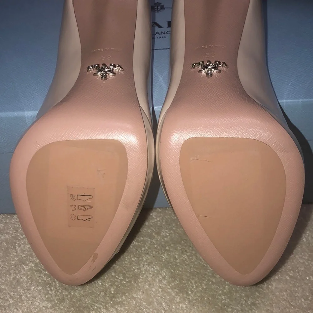 PRADA Nude Patent Leather Platform Peep Toe Pumps size 39